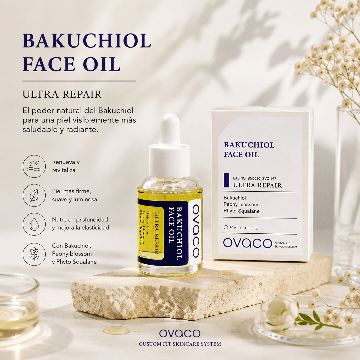 Bakuchiol Face Oil Ultra Repair – Aceite Facial Antiedad con Retinol Vegetal OVACO - cosmética10