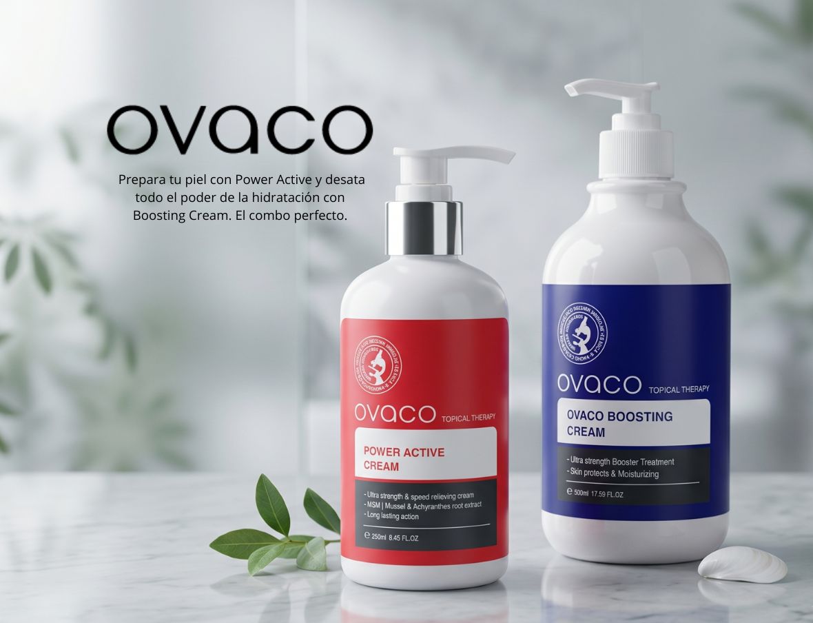 Tratamiento avanzado Ovaco con Power Active Cream y Boosting Cream para el cuidado de la piel, presentado en formato slider para tienda online.